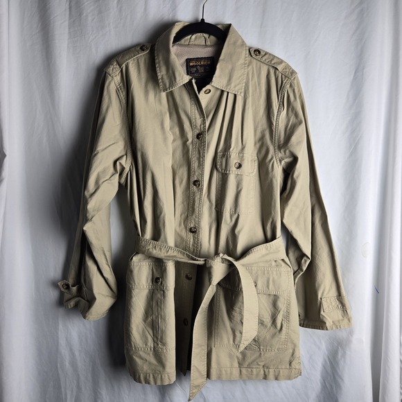 Woolrich Jackets & Blazers - Vtg Womens Large Woolrich Cotton Button Close Safari Jacket Belted Khaki Chore